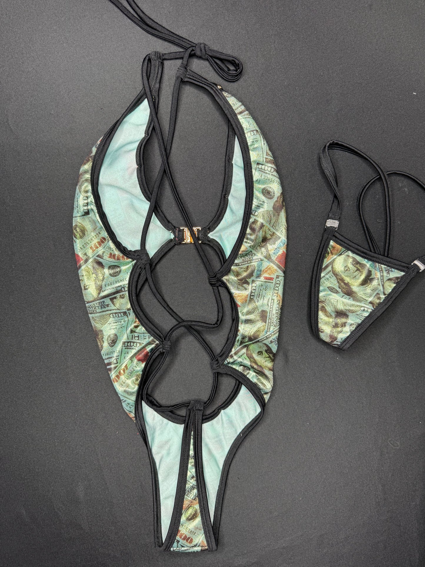 Holographic Money Print/Black Spandex One-Piece Lingerie Outfit