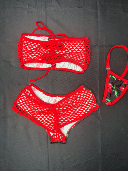 Cherry Spandex Tube-Top/Shorts Two-Piece Lingerie Outfit