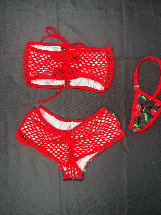 Cherry Spandex Tube-Top/Shorts Two-Piece Lingerie Outfit