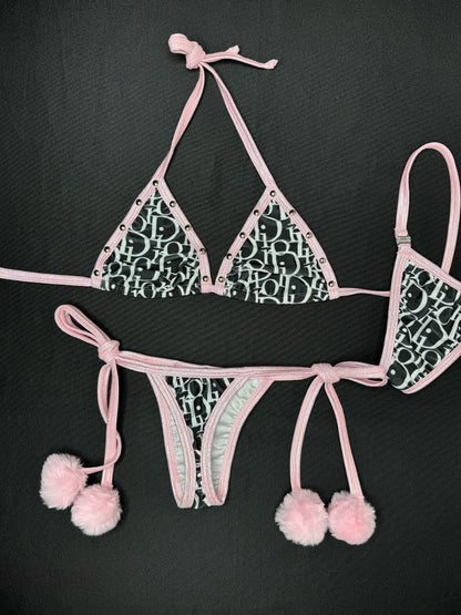Mystic Baby Pink/Black Designer Two-Piece Side-Tie Bikini Lingerie Outfit