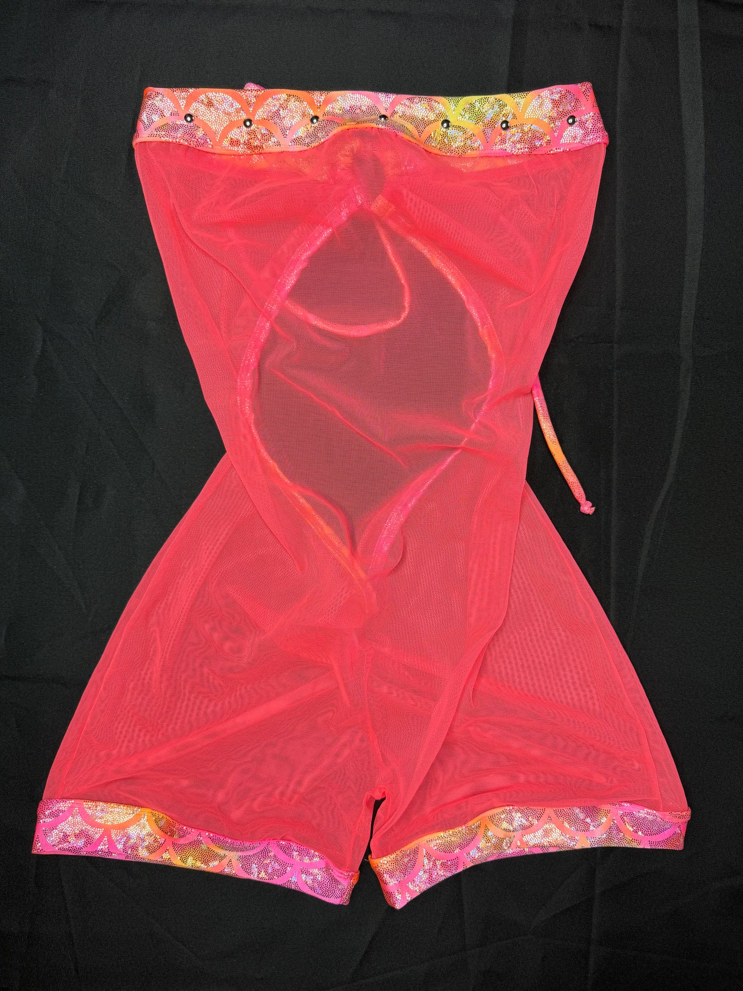 Bright Neon Coral/Hot Pink Mesh One-Piece Cheeky Thong Lingerie Outfit