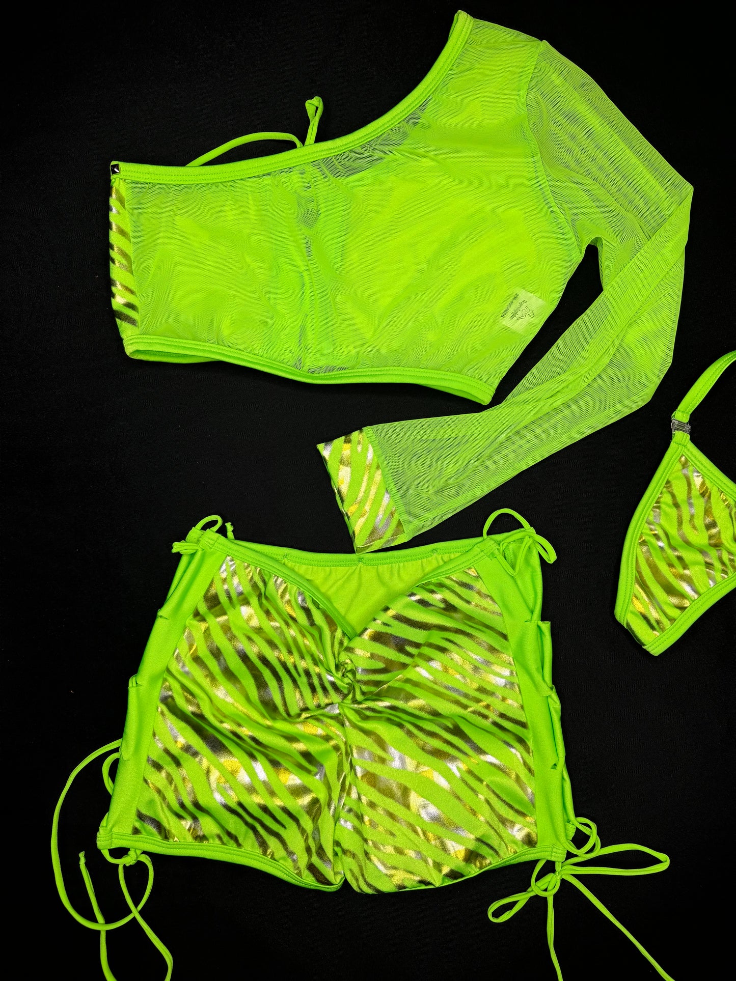 Neon Green Stripe/Mesh Single Sleeve/Shorts Two-Piece Lingerie Outfit