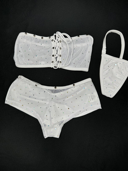 White Sparkle Mesh/White Spandex Two-Piece Tube Top/Shorts Lingerie Outfit