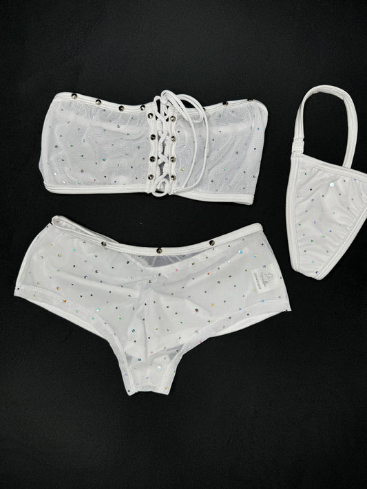 White Sparkle Mesh/White Spandex Two-Piece Tube Top/Shorts Lingerie Outfit