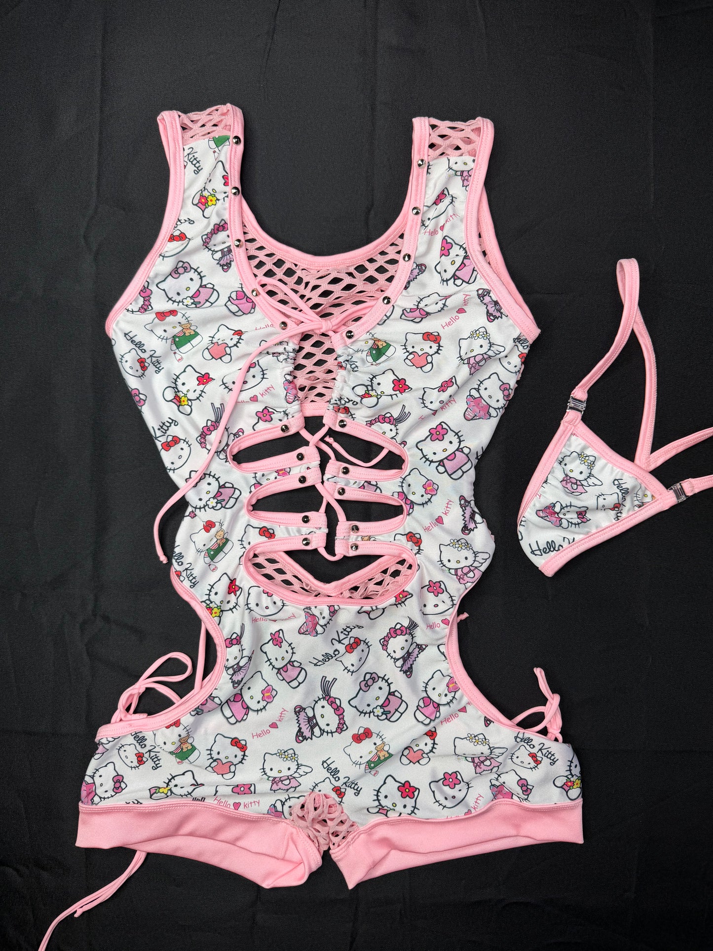 White Kitty Spandex/Baby Pink Fishnet Romper Lingerie Outfit