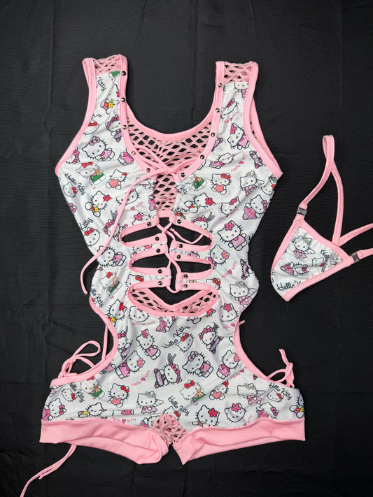 White Kitty Spandex/Baby Pink Fishnet Romper Lingerie Outfit