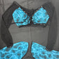 Blue Spandex/Black Mesh Long Sleeve Two-Piece Silicone String Bottoms Lingerie Outfit