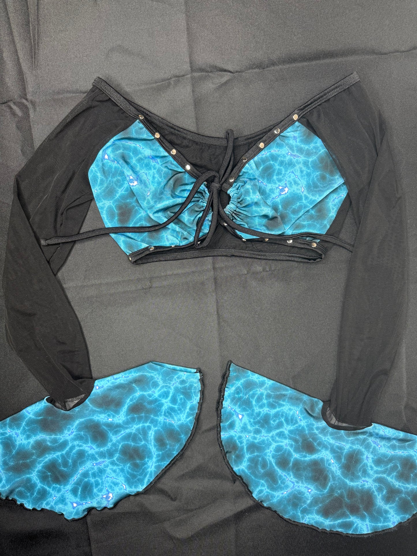 Blue Spandex/Black Mesh Long Sleeve Two-Piece Silicone String Bottoms Lingerie Outfit