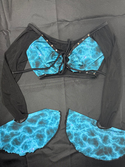 Blue Spandex/Black Mesh Long Sleeve Two-Piece Silicone String Bottoms Lingerie Outfit