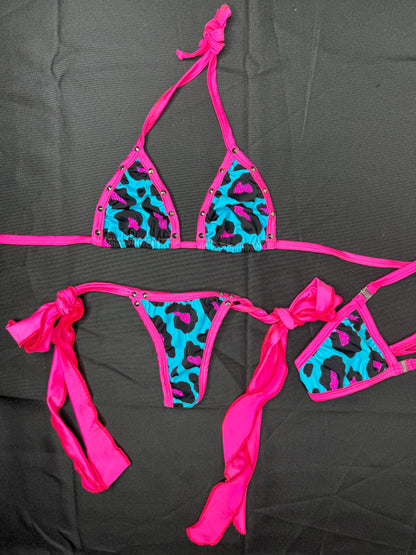 Blue Animal Print/Hot Pink Two-Piece Lingerie Outfit