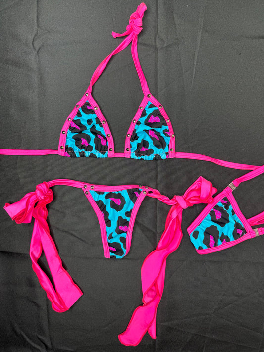 Blue Animal Print/Hot Pink Two-Piece Lingerie Outfit