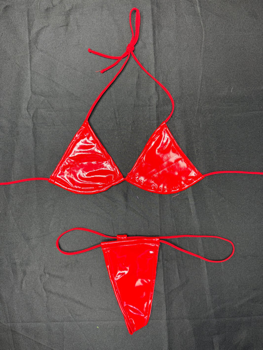 Red Vinyl Micro Bikini Lingerie Outfit