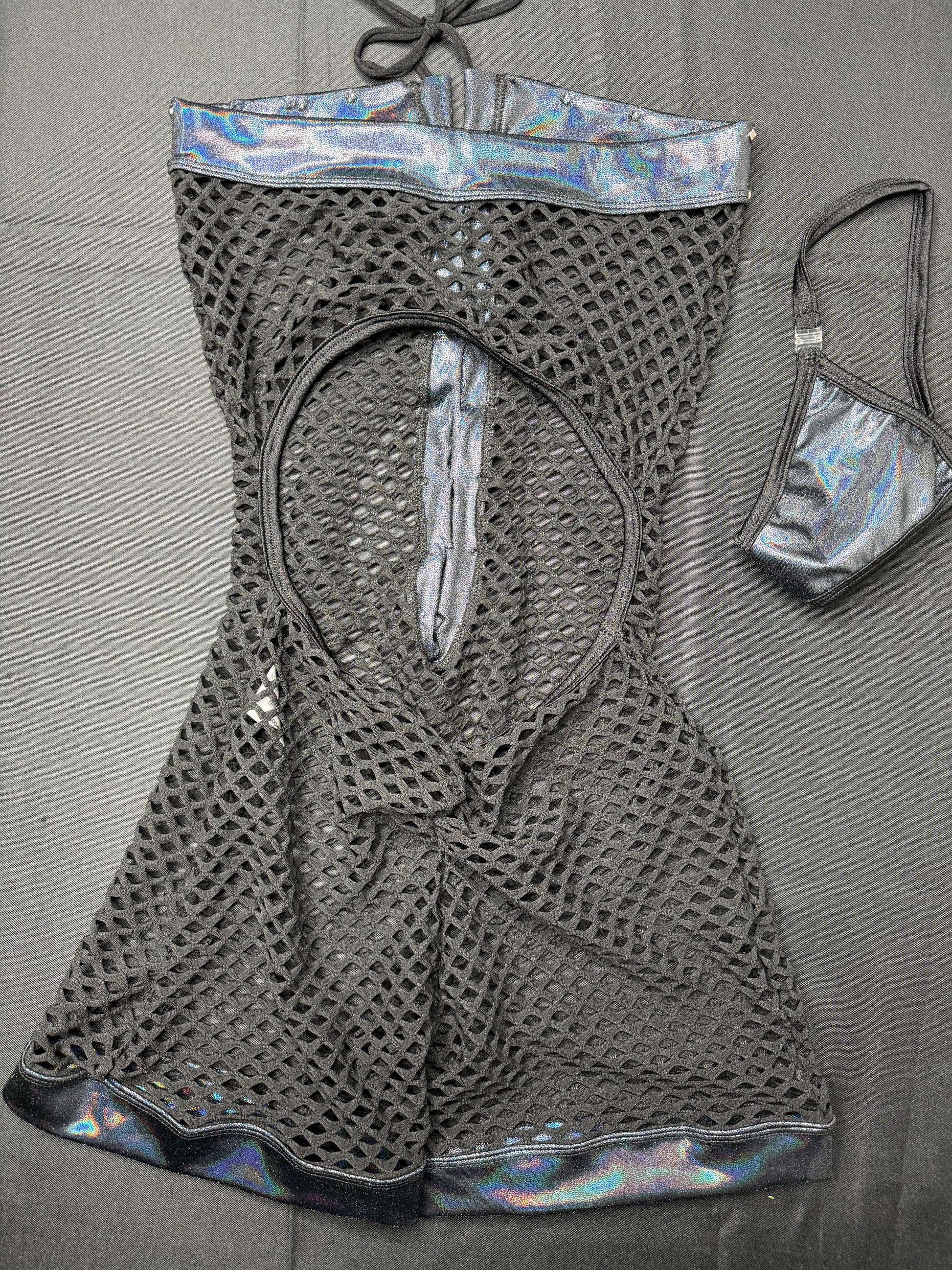 Metallic Black/Black Fishnet One-Piece Exotic Dancer Outfit ...