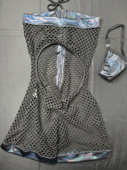 Metallic Black/Black Fishnet One-Piece Exotic Dancer Outfit