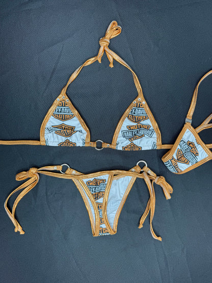 Harley Print/Copper Spandex Two-Piece Side-Tie Bikini Lingerie Outfit