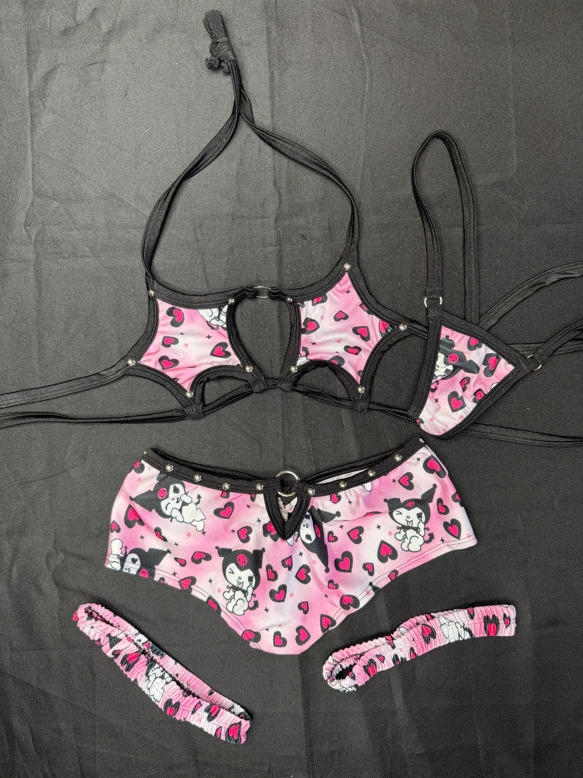 Black/Pink Kuromi Spandex Star-Top Shorts Garters Lingerie Outfit