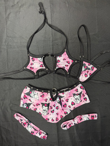 Black/Pink Kuromi Spandex Star-Top Shorts Garters Lingerie Outfit