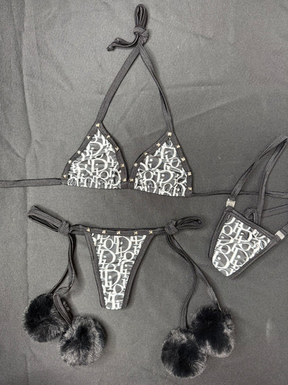 Black Designer Two-Piece Side-Tie Bikini Fur Lingerie Outfit
