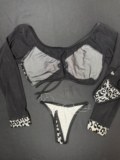 Silver Cheetah Animal Print/Black Mesh Two-Piece Long Sleeve/Bikini Bottoms Two-Piece Lingerie Outfit