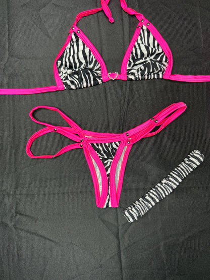 Zebra Animal Print/Hot Pink Spandex Two-Piece Lingerie Outfit with Garter