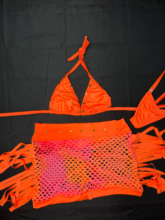 Orange/Ombre Spandex Two-Piece Fringe Lingerie Outfit