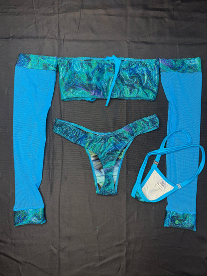 Blue/Cyan Mermaid Long Sleeve Tube Top/Cheeky Thong Two-Piece Lingerie Outfit