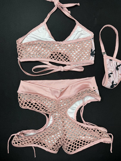 Nude/Grey Bunny Two-Piece Sports Bra/Shorts Lingerie Outfit