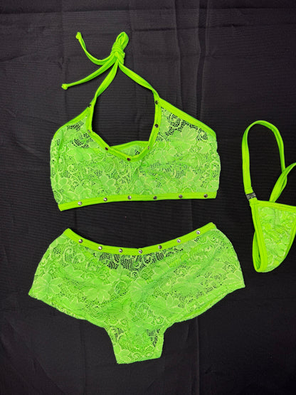 Neon Green Lace Sports Bra/Shorts Lace Lingerie Outfit