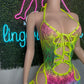 Neon Yellow Fishnet Animal Print Spandex Romper Lingerie Outfit