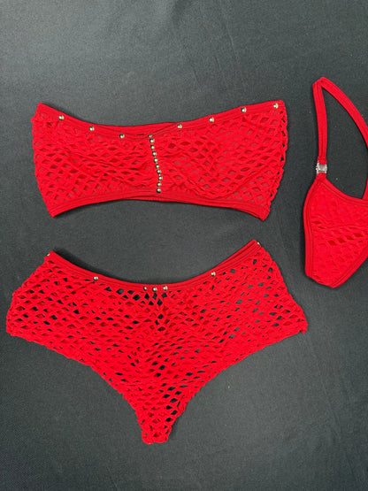 Red Fishnet/Mesh Tube Top Red Fishnet Shorts Two-Piece Lingerie Outfit