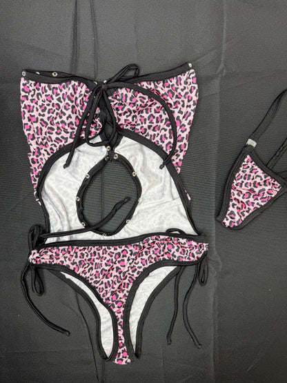 Pink Cheetah Print Spandex One-Piece Lingerie Outfit
