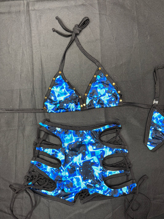 Blue/Black Spandex Two-Piece Shorts Lingerie Outfit