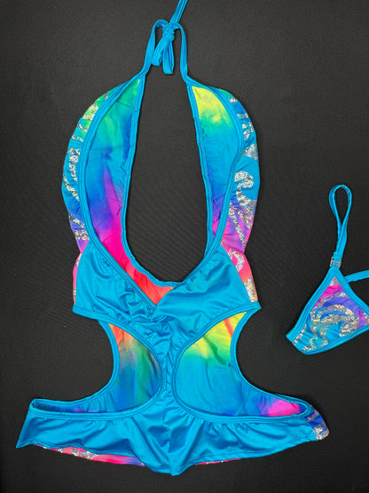 Rainbow/Silver Print Spandex One-Piece Lingerie Outfit