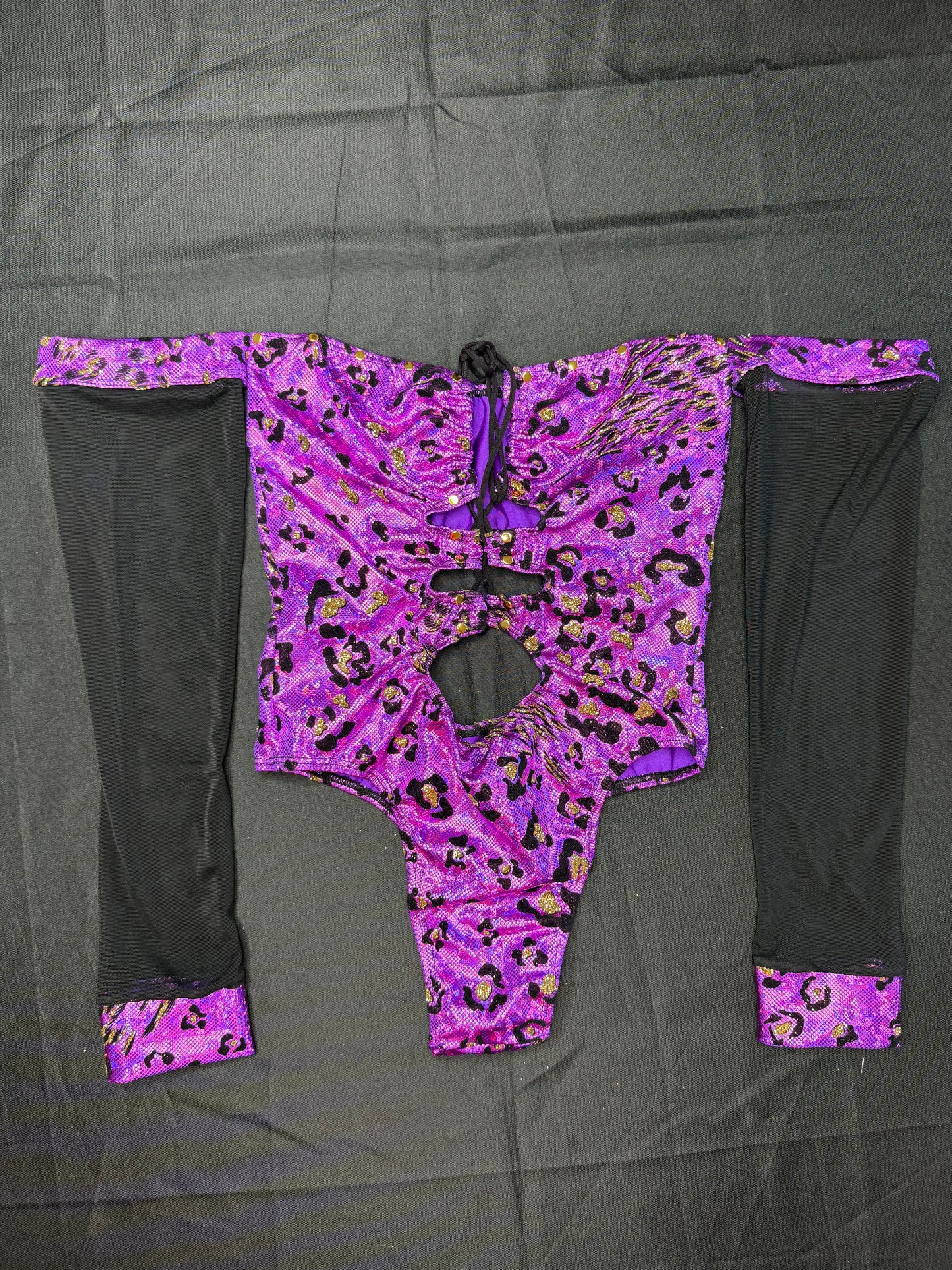 Purple Animal Print Spandex/Green Mesh Long Sleeve One-Piece Lingerie Outfit