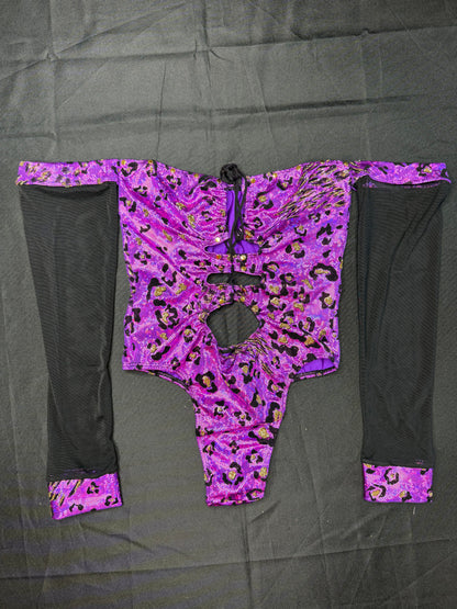 Purple Animal Print Spandex/Green Mesh Long Sleeve One-Piece Lingerie Outfit
