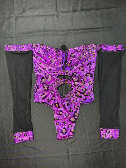 Purple Animal Print Spandex/Green Mesh Long Sleeve One-Piece Lingerie Outfit