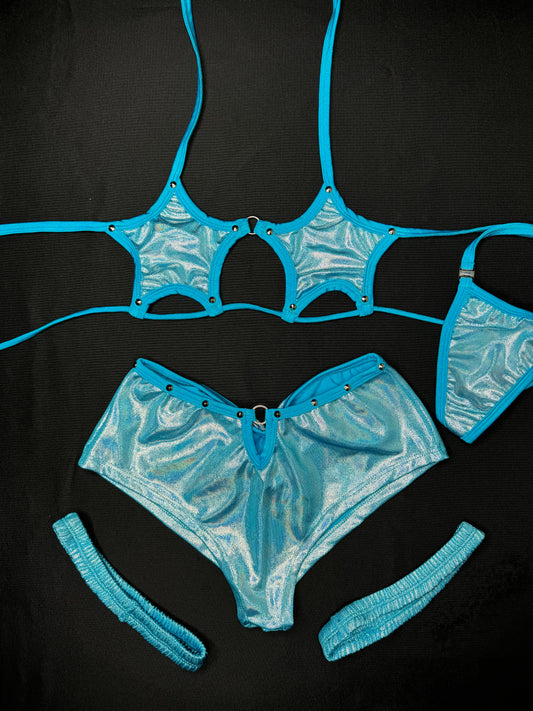Mystic Blue Two-Piece Shorts with Garters Lingerie Outfit