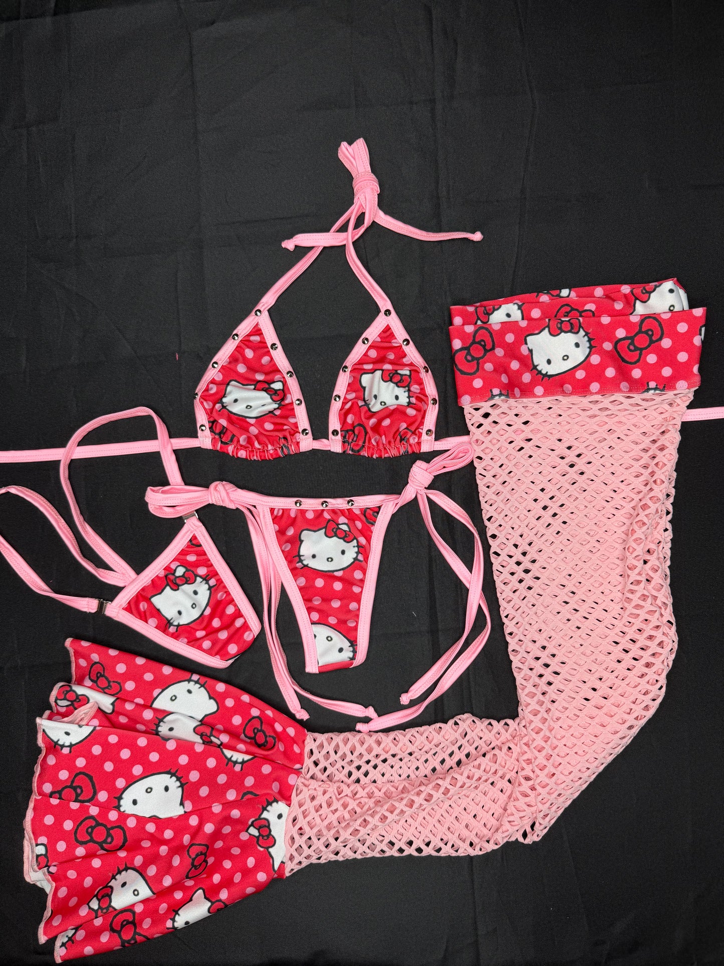 Red/Baby Pink Kitty Print Spandex Bikini Top/Side Tie Thong Leg Lingerie Outfit