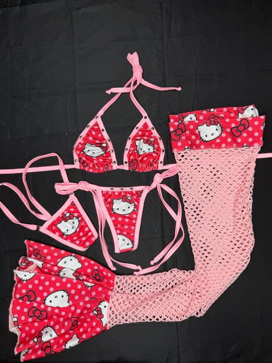 Red/Baby Pink Kitty Print Spandex Bikini Top/Side Tie Thong Leg Lingerie Outfit
