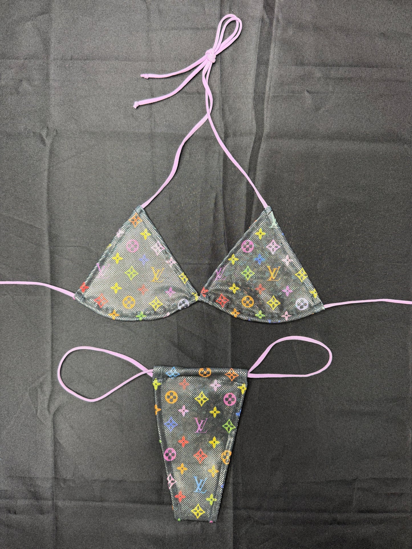 Black/Lavender Designer Spandex Two-Piece Micro Bikini Lingerie Outfit