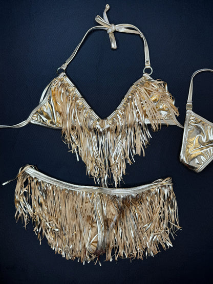 Gold Fringe Two-Piece Bikini Lingerie Outfit