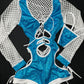 Metallic Turquoise/White Fishnet Long Sleeve Bartender Romper Outfit