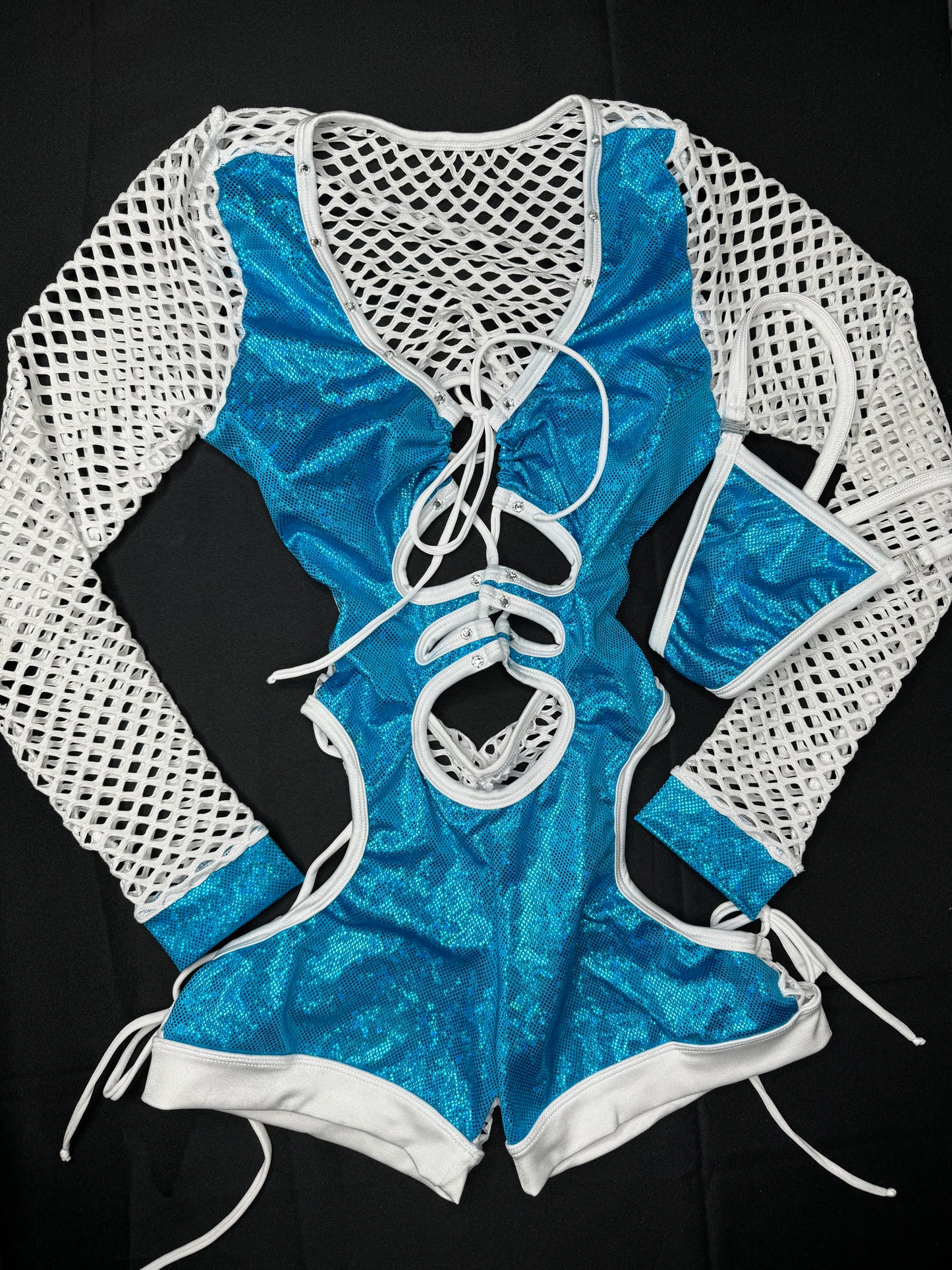 Metallic Turquoise/White Fishnet Long Sleeve Bartender Romper Outfit