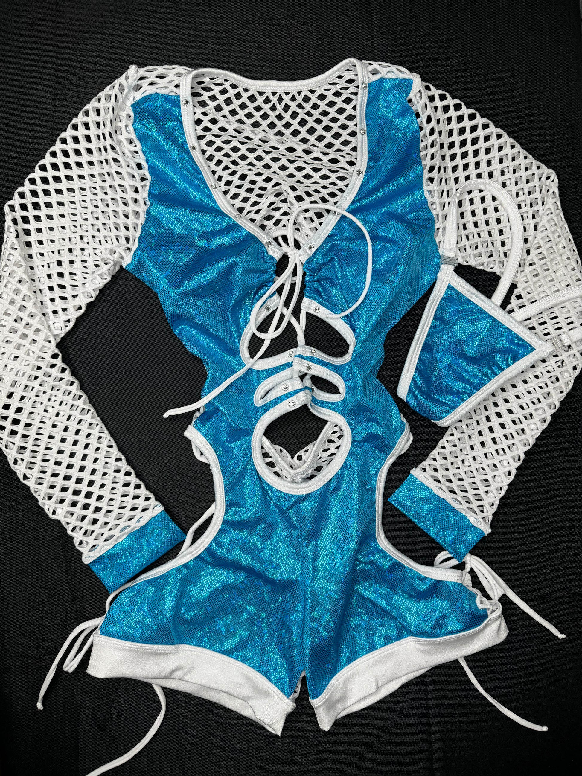 Metallic Turquoise/White Fishnet Long Sleeve Bartender Romper Outfit