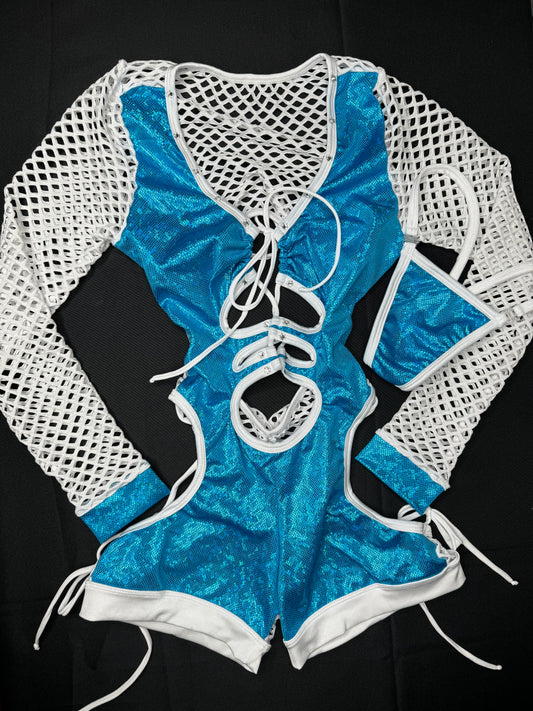 Metallic Turquoise/White Fishnet Long Sleeve Bartender Romper Outfit