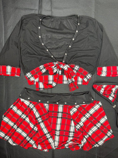 Red Plaid/Black Mesh School Girl Two-Piece Skirt Lingerie Outfit
