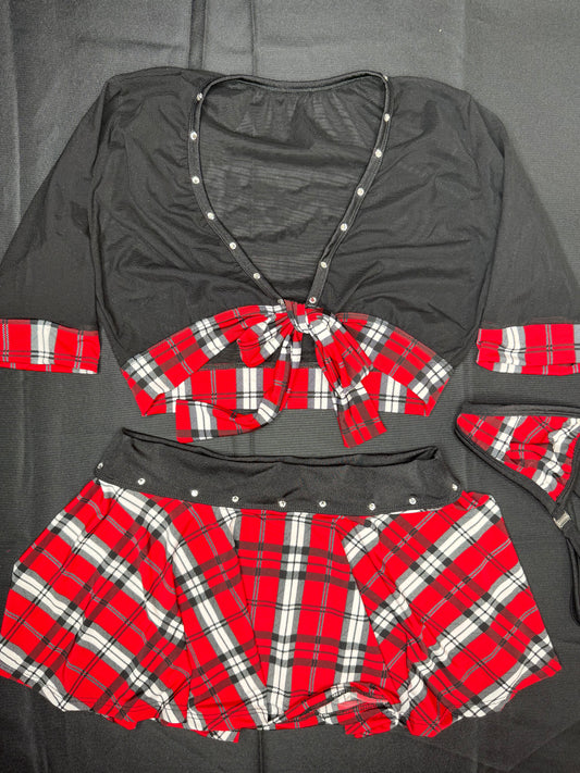 Red Plaid/Black Mesh School Girl Two-Piece Skirt Lingerie Outfit