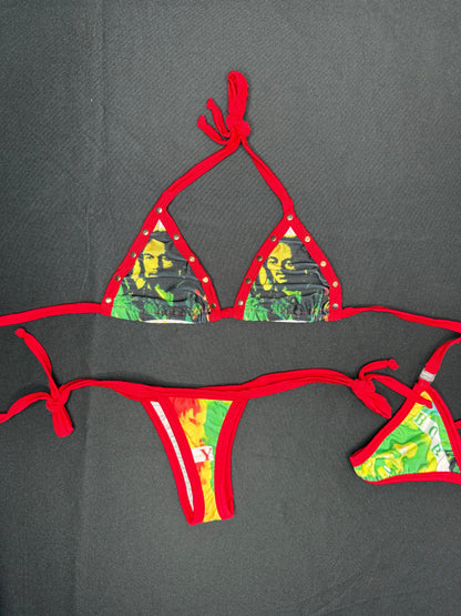 Bob Marley One Love Print/Red Spandex Two-Piece Bikini