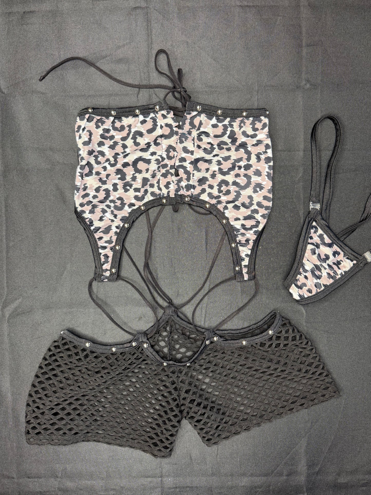 Animal Print/Black Spandex One-Piece Lingerie Outfit