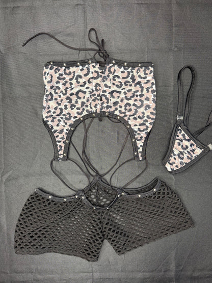 Animal Print/Black Spandex One-Piece Lingerie Outfit